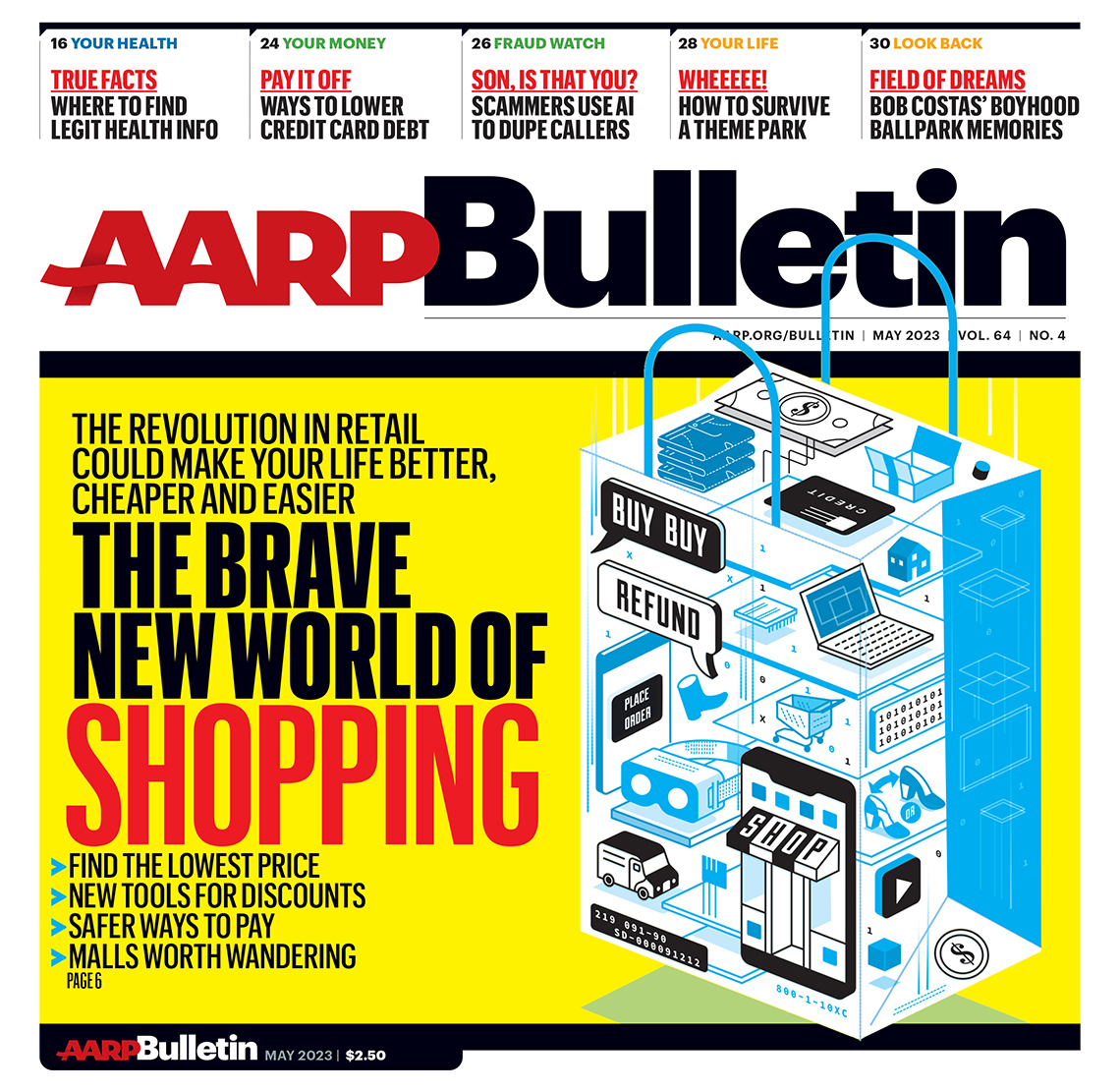 a a r p may 2023 bulletin cover; the brave new world of shopping