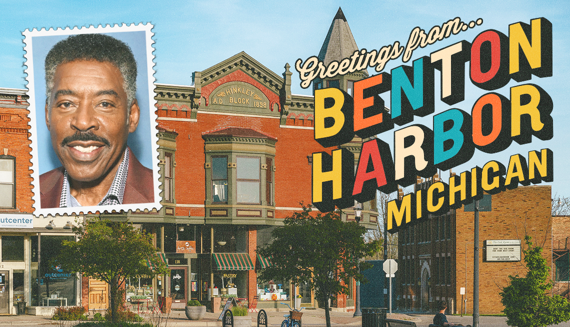 building as background; photo of ernie hudson in upper left corner; the words greetings from benton harbor michigan in upper right corner