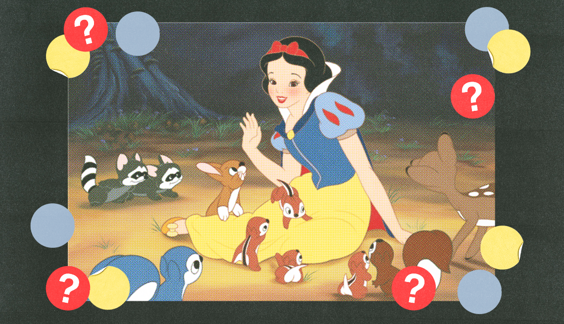 snow white sitting on ground outside surrounded by all sorts of animals; blueish gray, yellow and red circles with question marks surround them