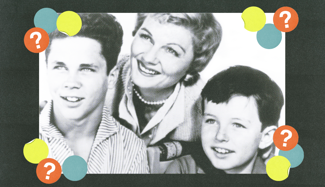 mom and sons from leave it to beaver; surrounded by yellow, teal and red circles with question marks