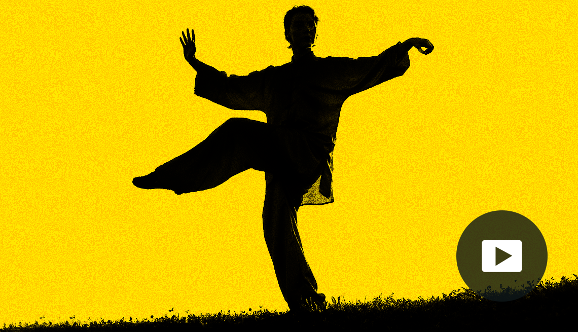outline of person in tai chi pose with arms out to side and one leg bent in air; yellow background; picture of play button in bottom right corner