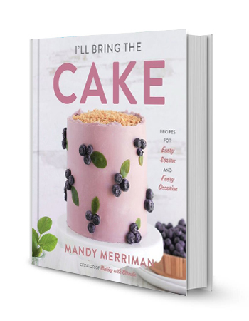 book with words i'll bring the cake on cover and picture of light pink cake with blueberry designs on it