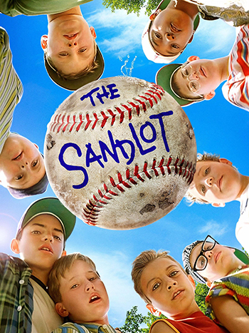 the sandlot movie poster showing boys in a circle looking down at a baseball with the name of the film written on it