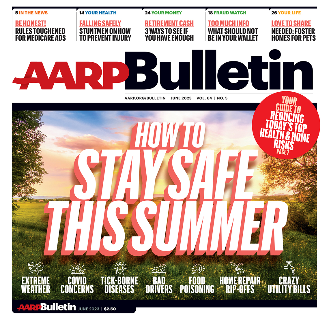 a a r p june 2023 bulletin cover; how to stay safe this summer