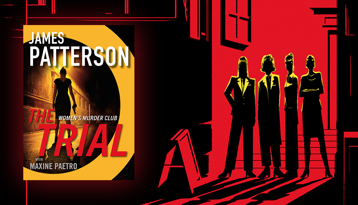 Illustration of the four figures of the Women's Murder Club and the cover of James Patterson's The Trial