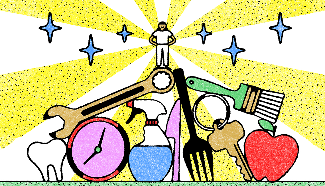 Illustration of person in center at top with objects on bottom including tooth, wrench, clock, spray bottle, fork, key, paintbrush and apple; on white and yellow striped background with blue designs