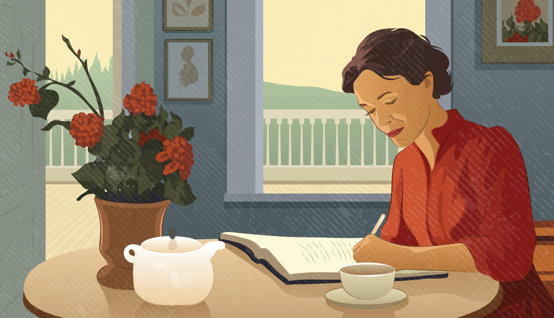 Illustration of woman at table writing in book