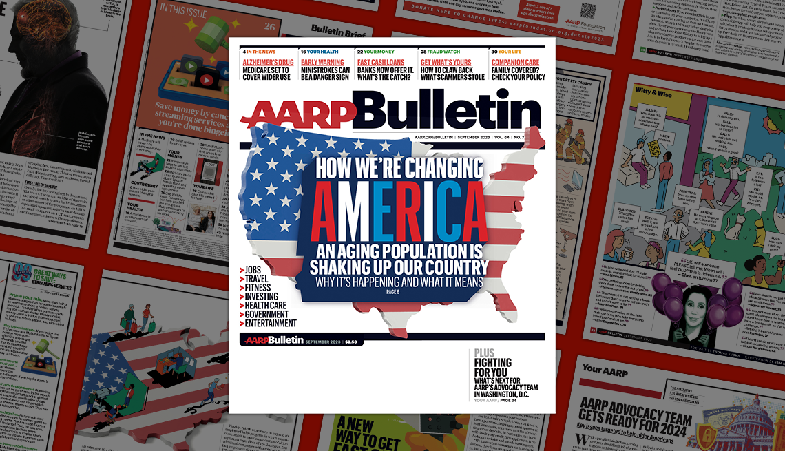 AARP September 2023 Bulletin cover; How We're Changing America; on background of magazine pages