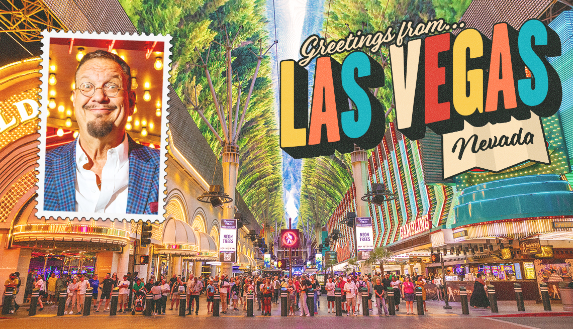Fremont Street in Las Vegas as background; photo of Penn Jillett in upper left corner; the words greetings from Las Vegas, Nevada in upper right corner