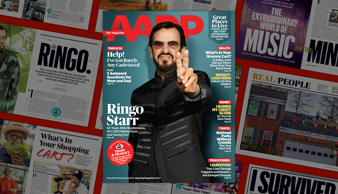 AARP The Magazine cover December 2023/January 2024 featuring Ringo Starr; on background of magazine pages