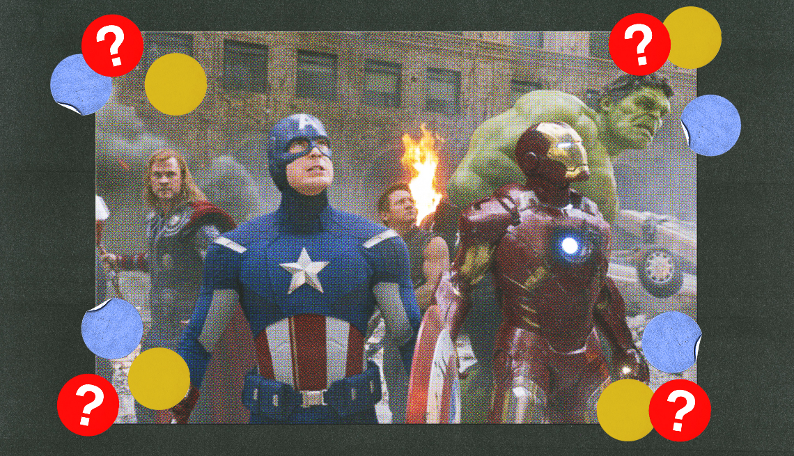 Characters from Marvel movies surrounded by yellow, blue and red circles with question marks