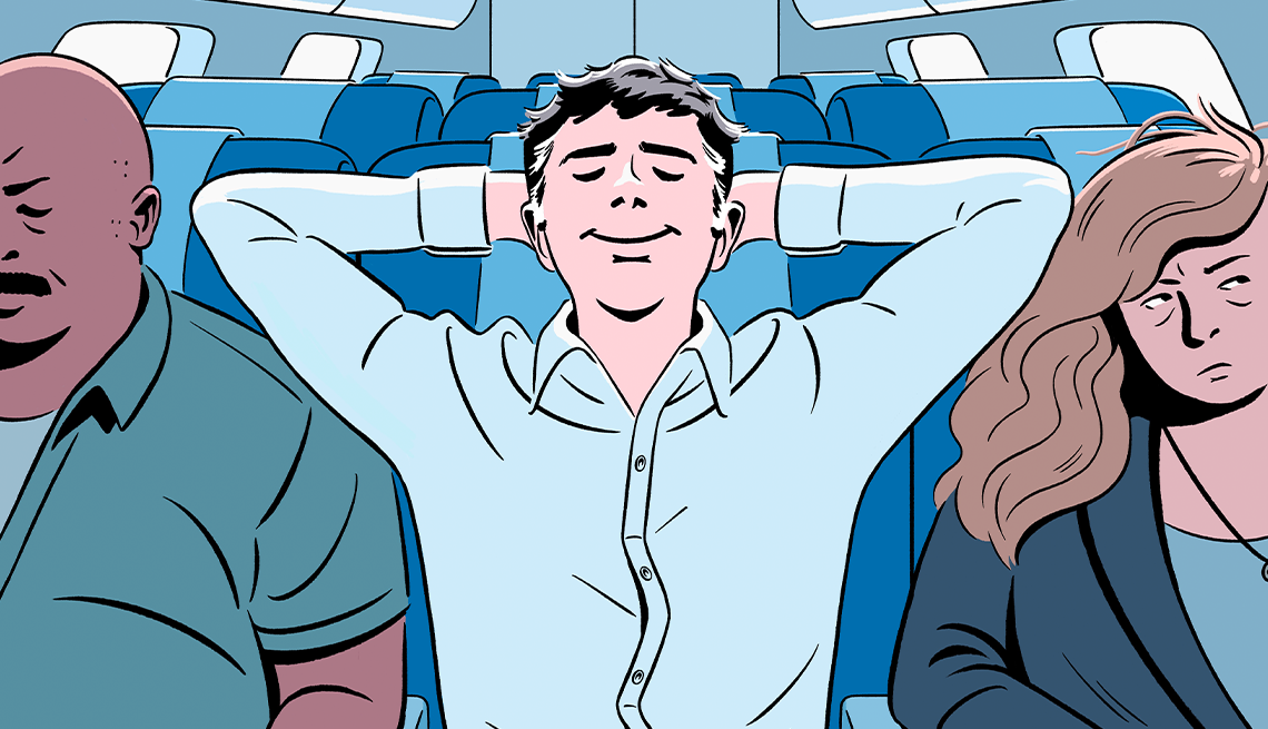 Illustration of three people in a row of seats on airplane; middle person has hands behind head and elbows in other passengers' space