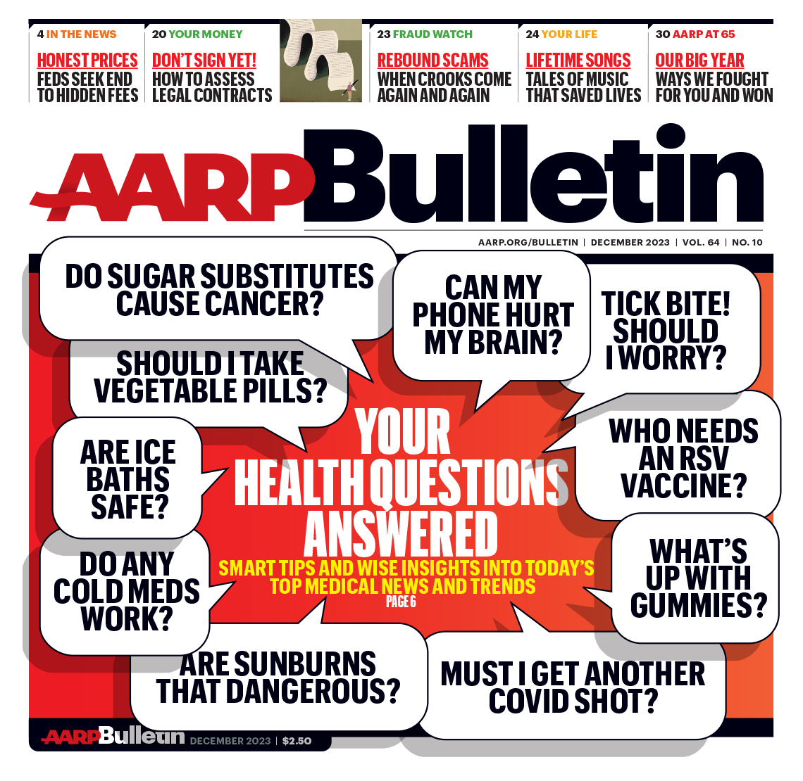 AARP December 2023 Bulletin cover; Your Health Questions Answered