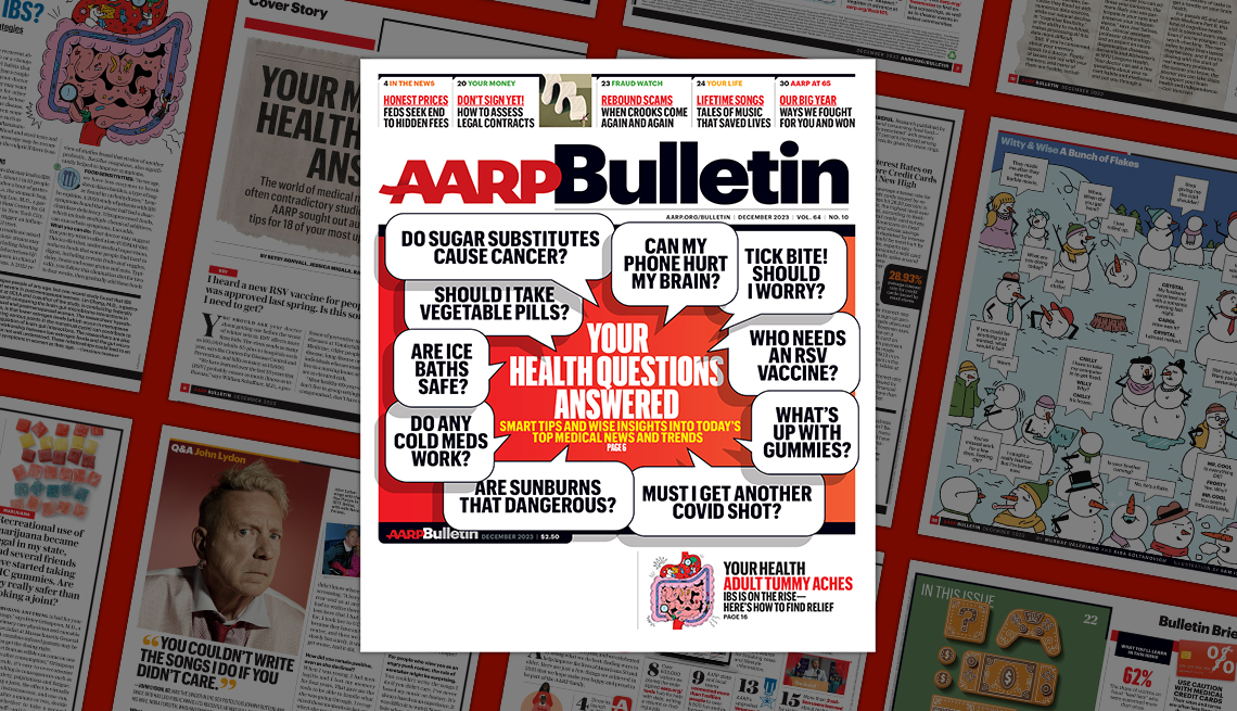 AARP December 2023 Bulletin cover; Your Health Questions Answered; on background of magazine pages