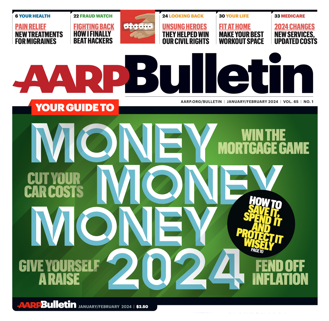 AARP January/February 2024 Bulletin cover; Money Money Money