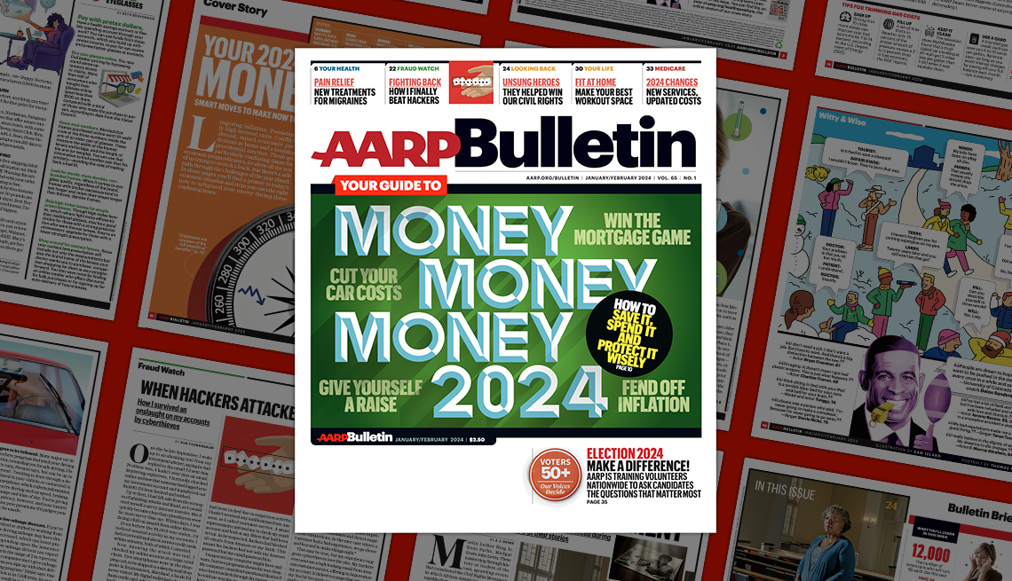 AARP January/February 2024 Bulletin cover; Money Money Money; on background of magazine pages