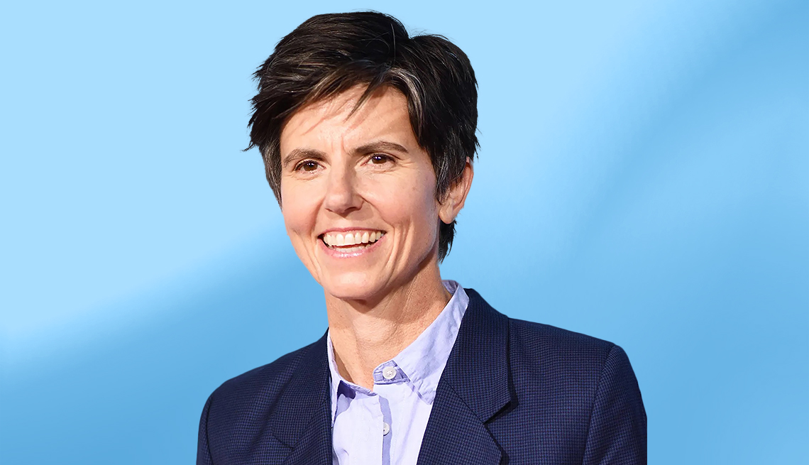 Tig Notaro against blue ombre background