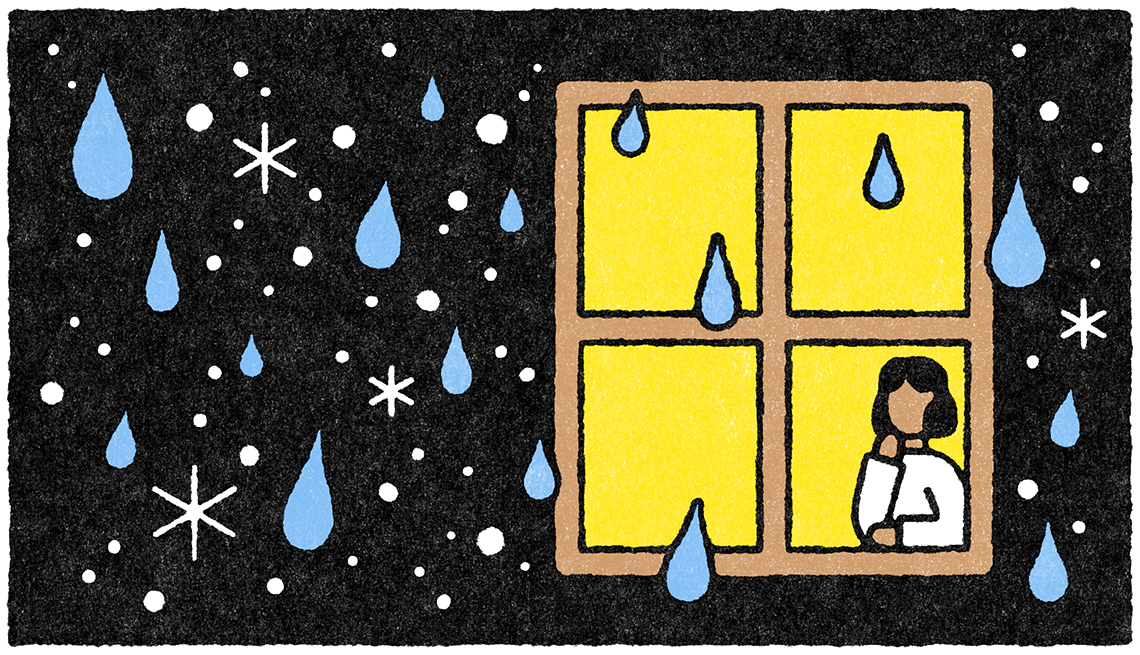 Illustration of outside view of woman looking out window; snow and rain falling