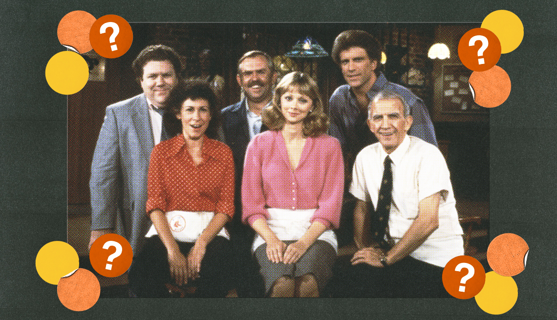 Cast of "Cheers" on set; surrounded by yellow, orange and red circles with question marks