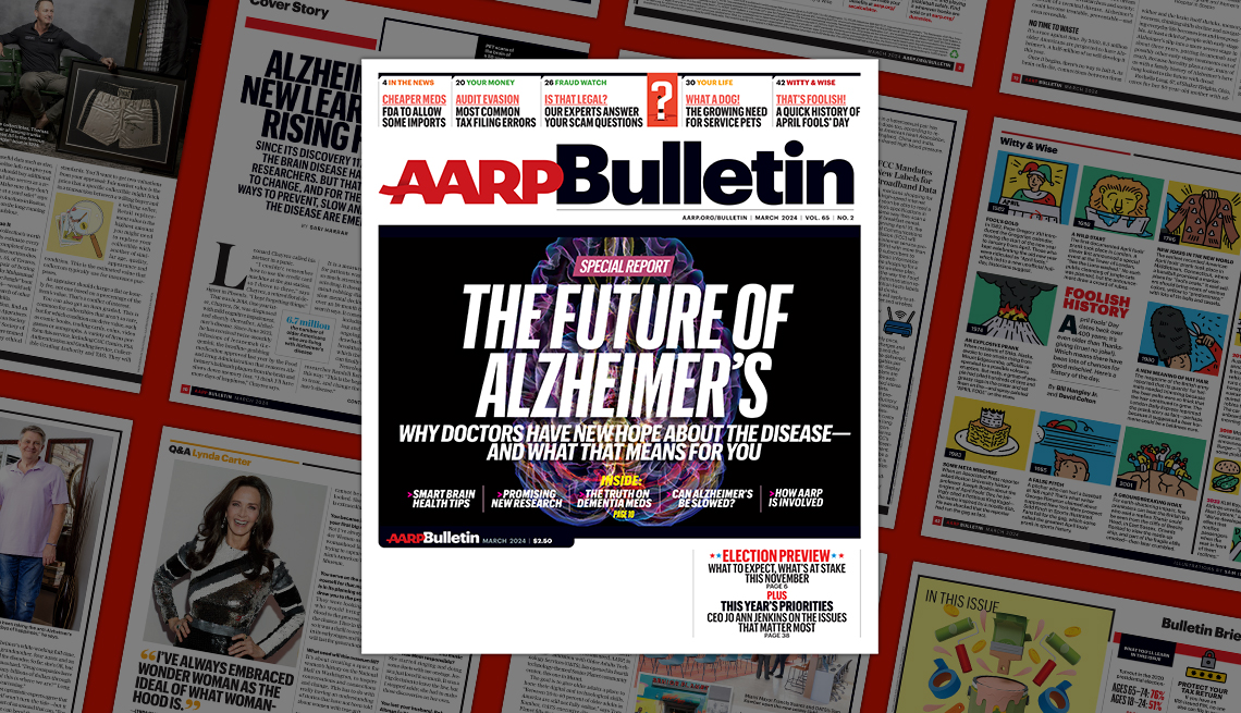 AARP March 2024 Bulletin cover; The Future of Alzheimer’s; on background of magazine pages

