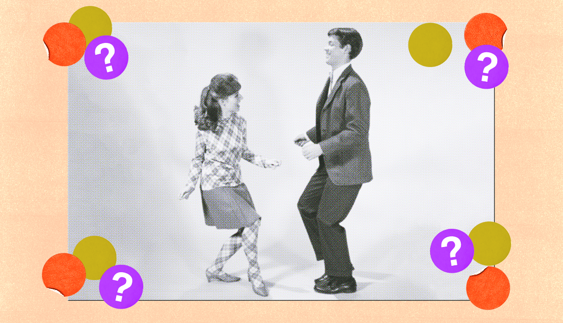 Black and white photo of woman and man dancing, surrounded by gold, orange and purple circles with question marks in them