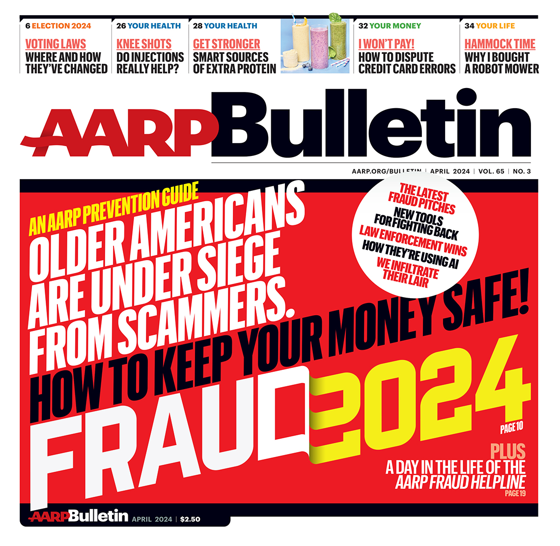 AARP Bulletin April 2024 cover small; how to keep your money safe! fraud 2024