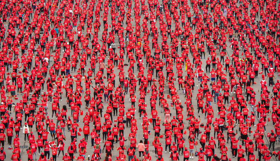Aerial view of people taking part in a massive boxing class at the Zocalo square in Mexico City