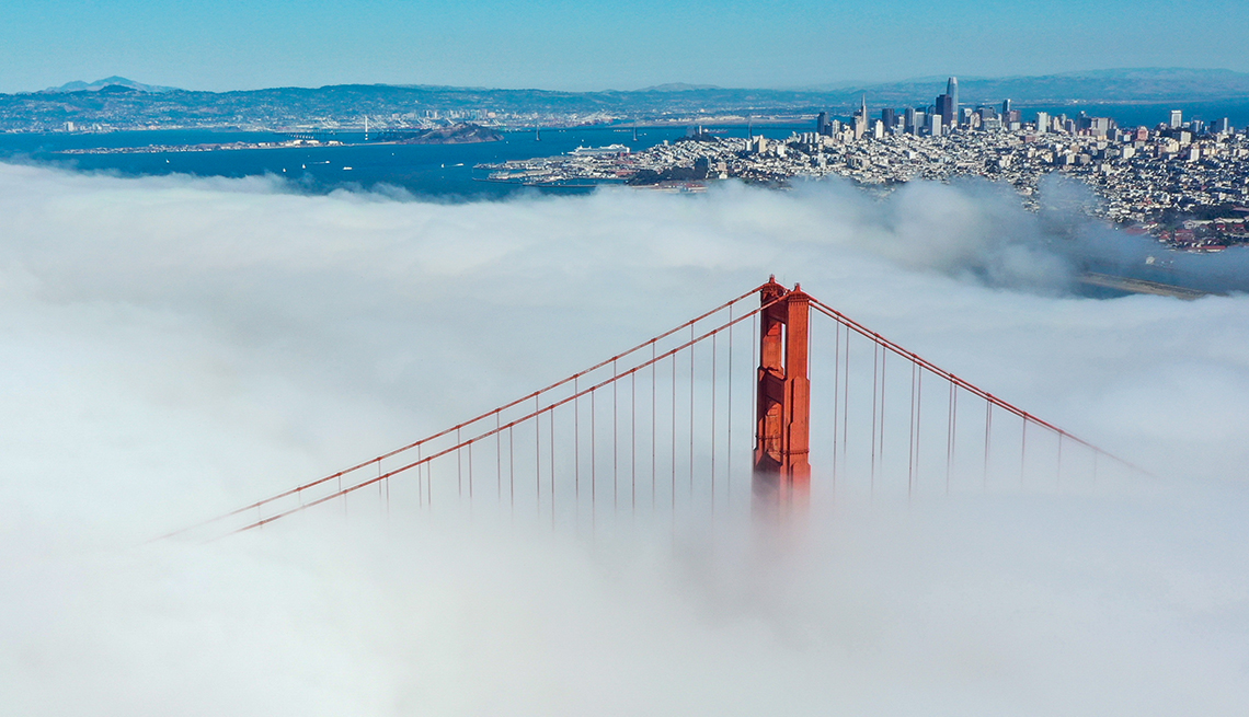 San Francisco's most iconic weather fog blankets the Golden Gate Bridge