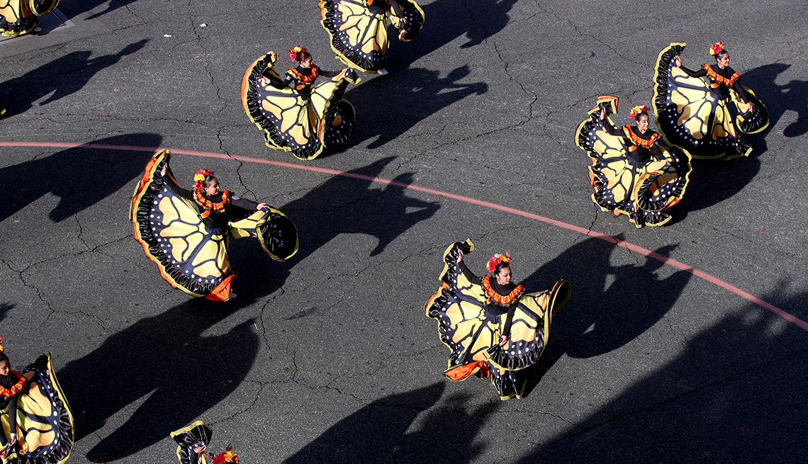 item 7 of Gallery image - dancers wearing skirts that look like butterfly wings perform in parade formation on a blacktop