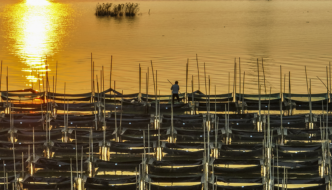 item 2 of Gallery image - the setting sun is reflected in the water as a fisherman works on a crab farm