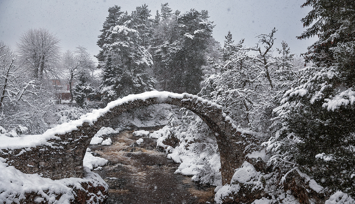 item 10 of Gallery image - picturesque scene of snow falling on a small stone bridge surrounded by snow-covered trees