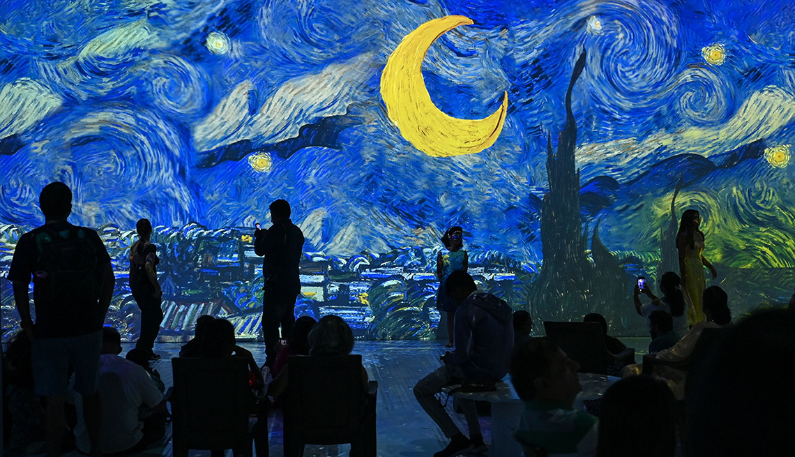 item 11 of Gallery image - spectators in silhouette in front of starry night at van gogh 360 digital immersive experience exhibition 