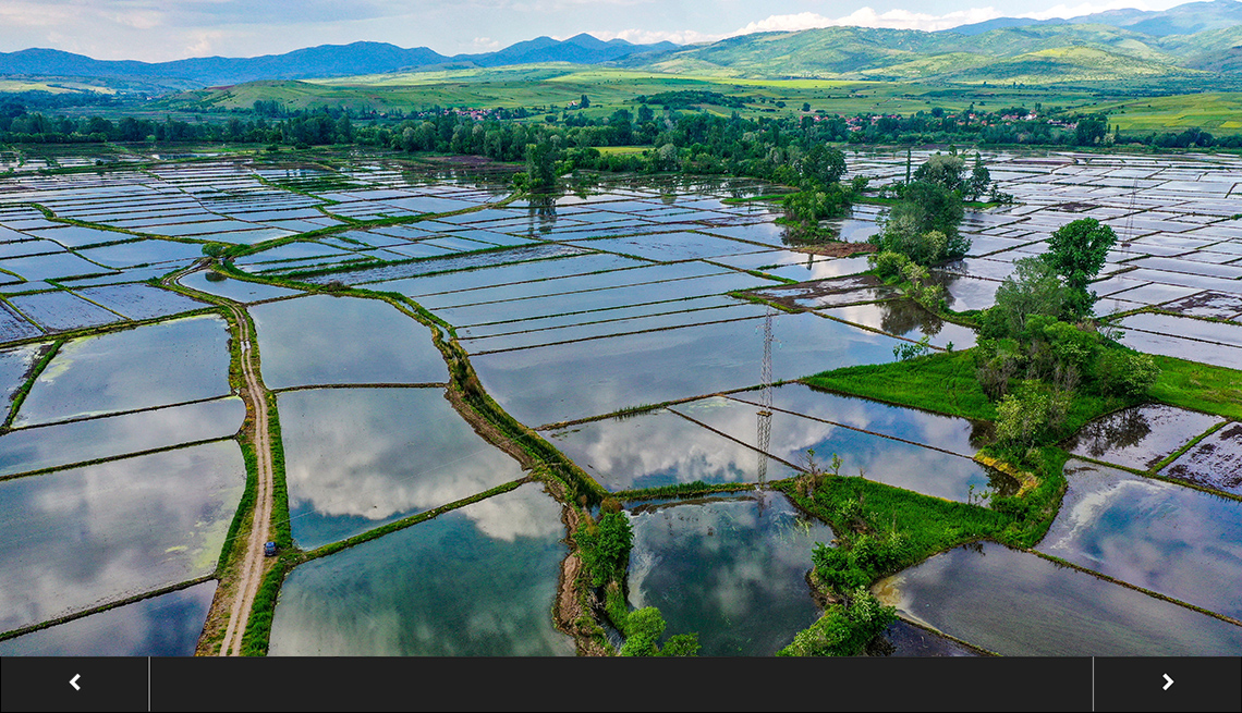 rice paddy fields reflect the sky and trees, and hills are visible in the distance, with slideshow overlay