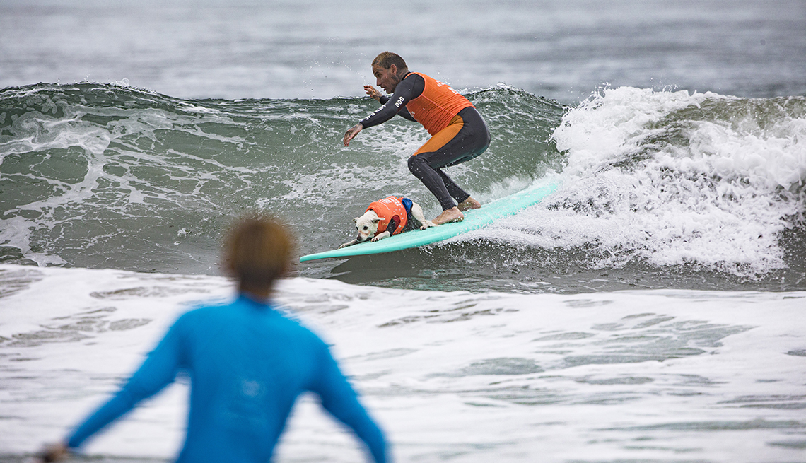 item 6 of Gallery image - Ryan Rustan and Sugar compete in Helen Woodward Animal Center’s 18th Annual Surf Dog Surf-A-Thon at Del Mar Dog Beach in California. 