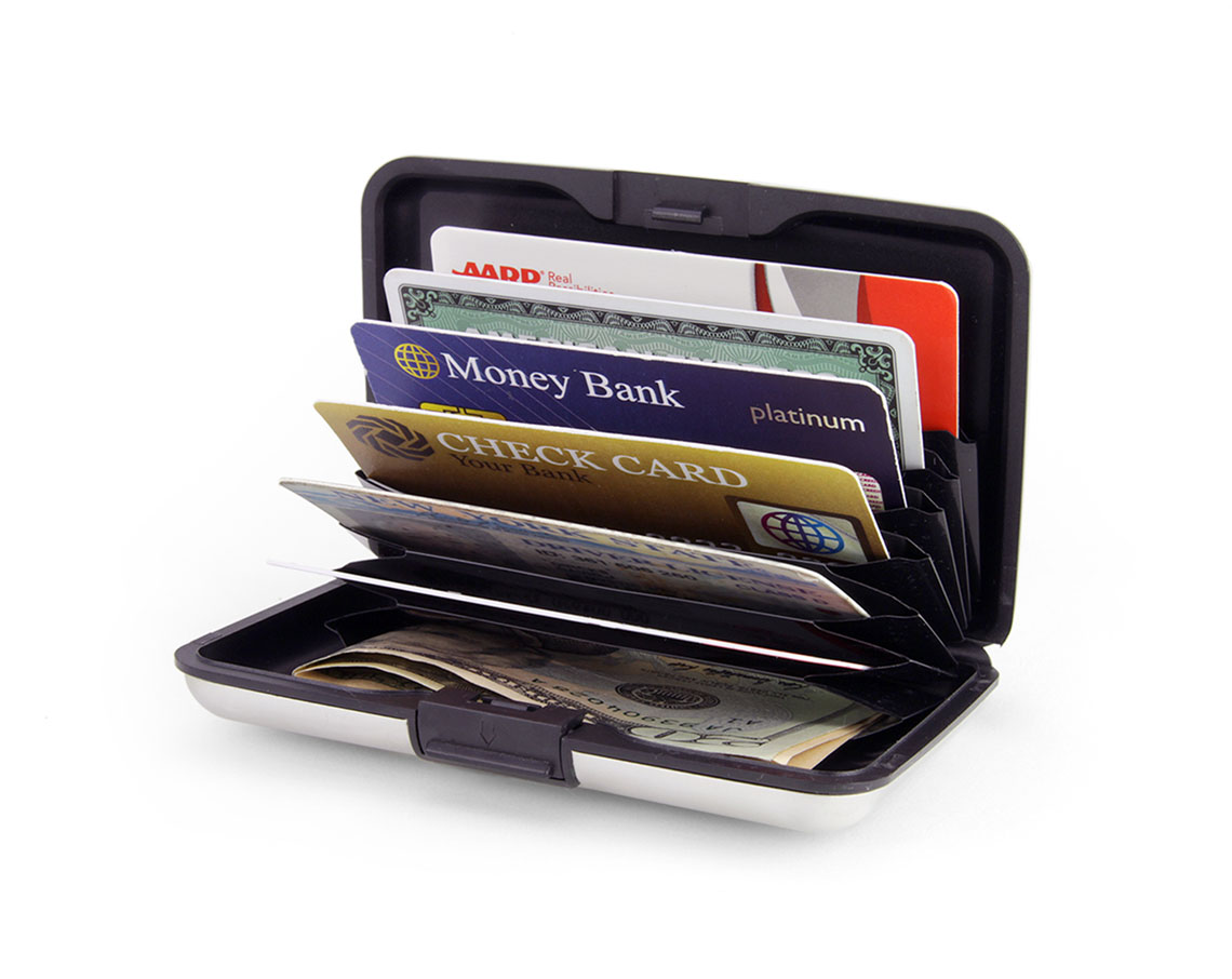 Picture of a wallet protector showing credit cards and cash