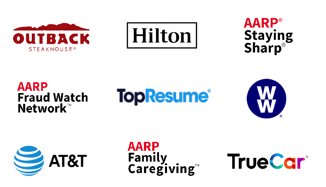 Collage de logotipos que incluyen programas de AARP, WW, AT&T y otros
