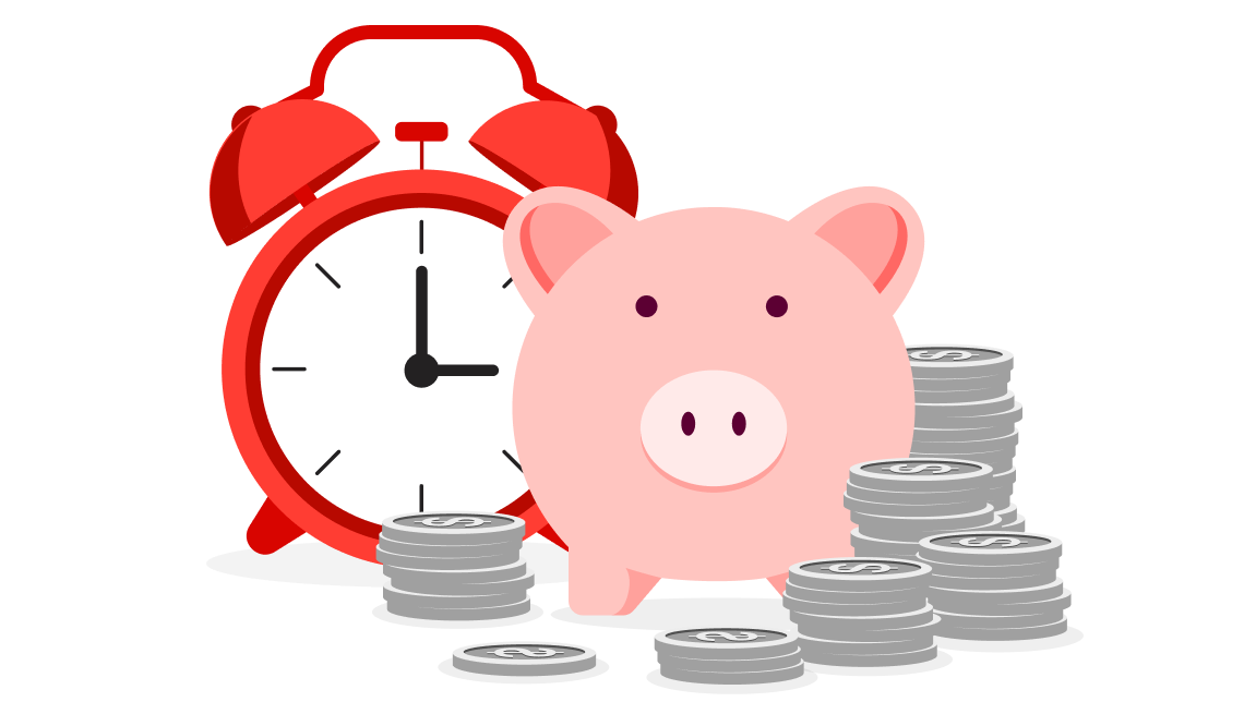 Image of a piggy bank and coins and a clock suggesting retirement planning