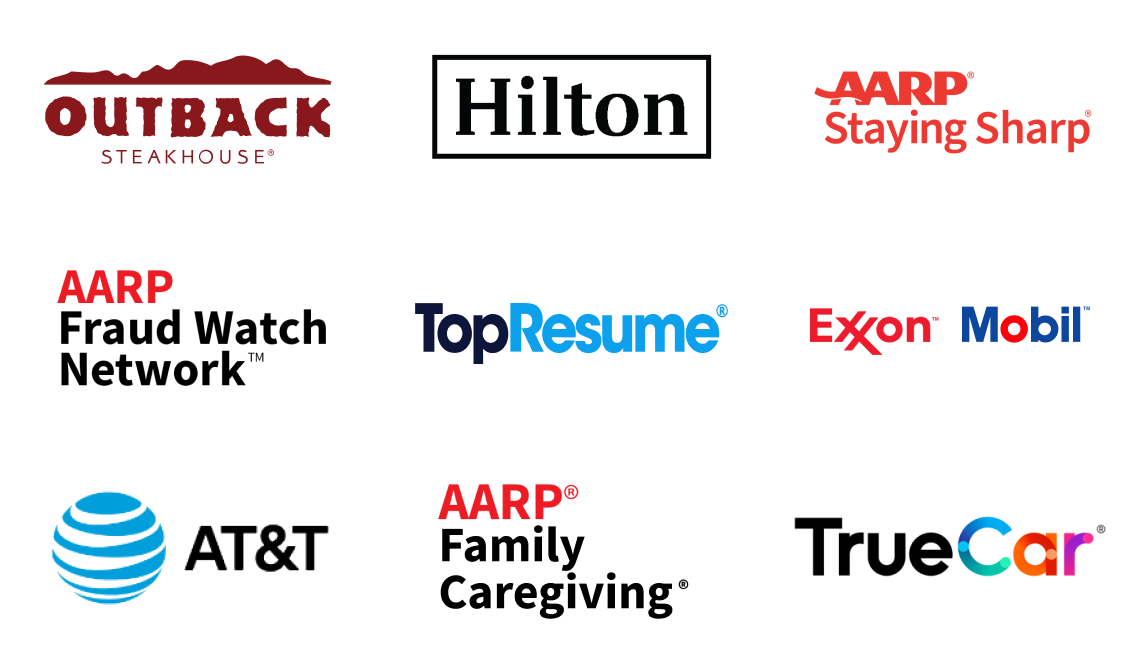 A banner depicting some  of AARP provider logos including AT&T and Hilton
