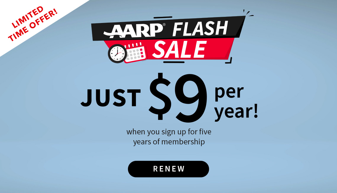 light blue banner that reads AARP flash sale $9 per year