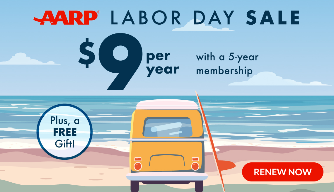 AARP Labor Day Sale text on top of an illustration of a yellow van at the beach with sand, ocean, and sky