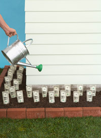savings challenge invest in yourself watering dollar bills in garden
