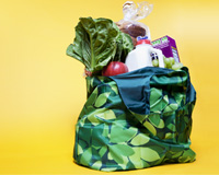 A reusable shopping bag full of groceries 99 ways to save money on shopping 	