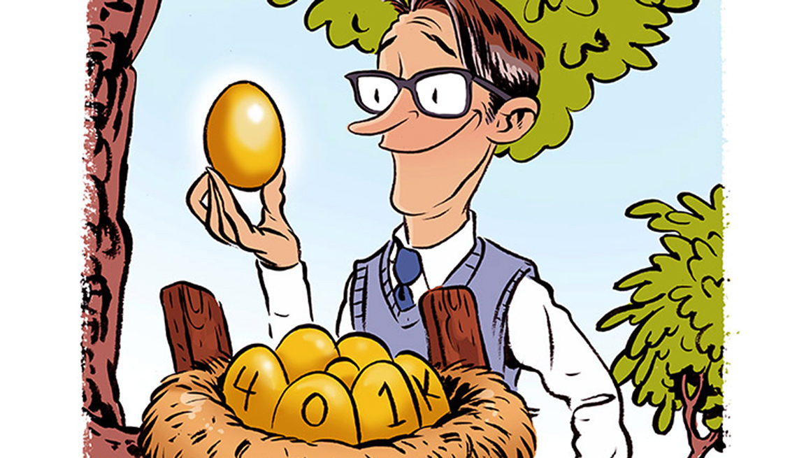 Ilustración de un hombre sosteniendo un huevo de oro frente a un nido con más huevos de oro - Financiación para nuevo proyecto