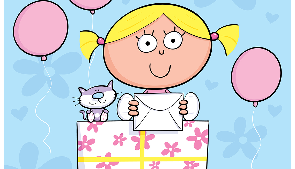 Ilustración de una niña con un gato al lado sentados sobre una caja de regalo, y no te olvides de los descuentos de cumpleaños