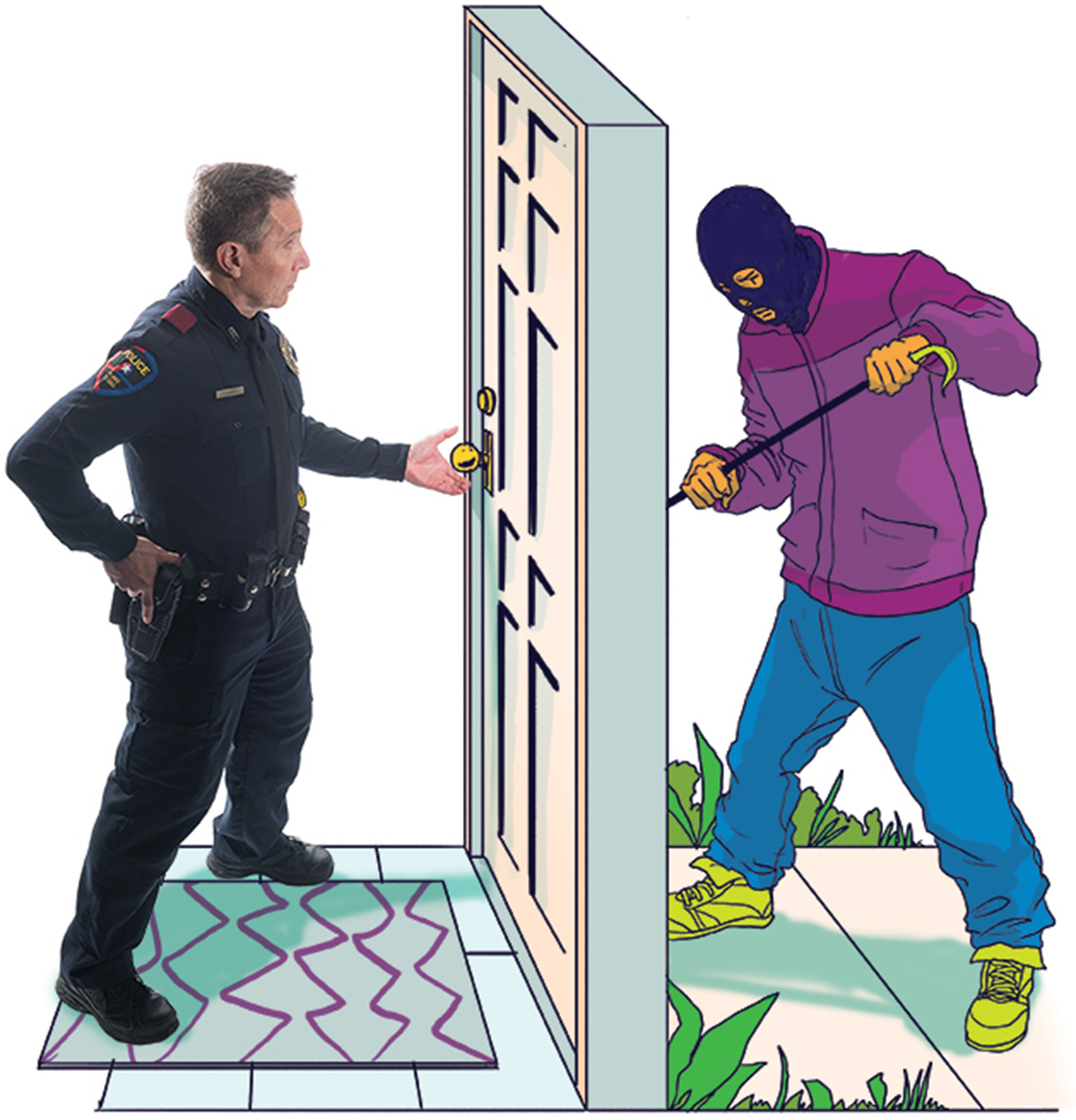 cop stopping a robber at a door