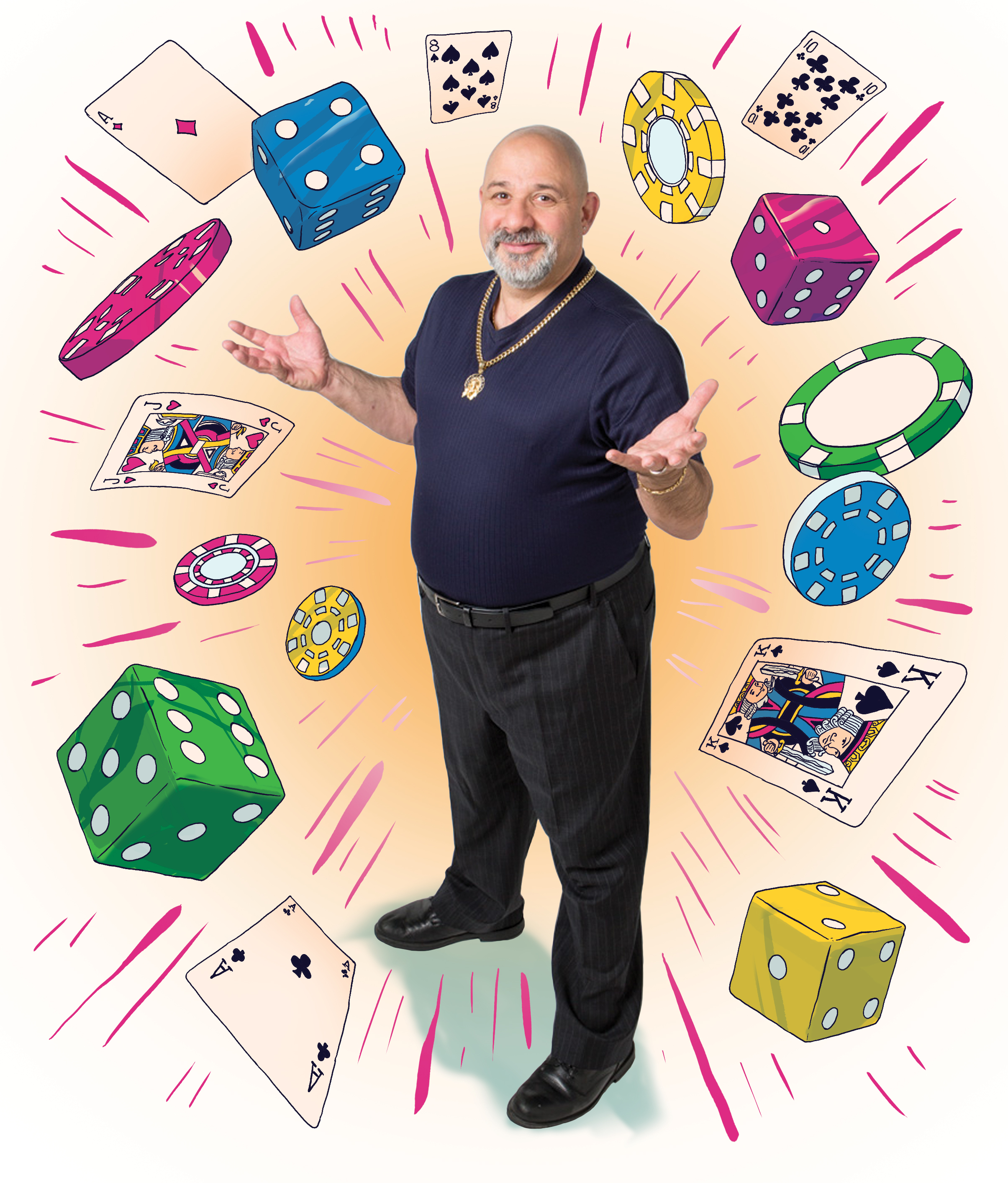 Gambler is surrounded by cards and dice