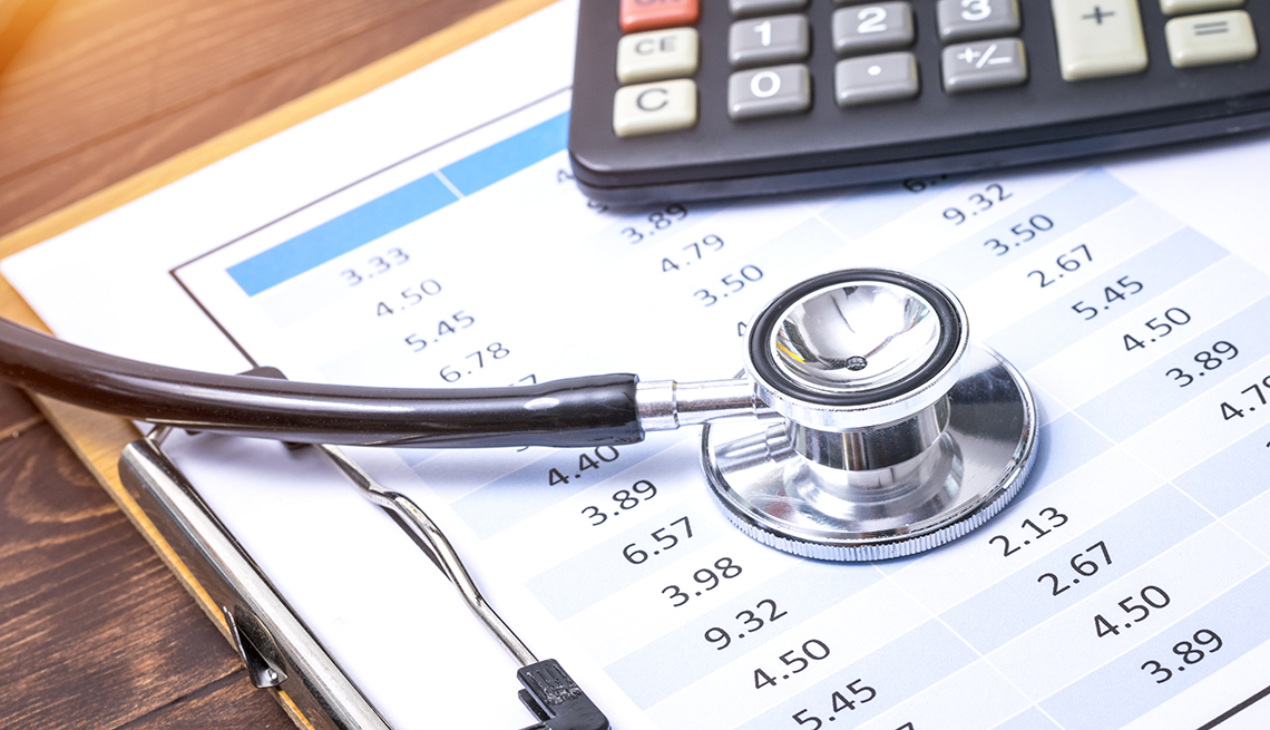 Stethoscope on clipboard with financial information with calculator in the background