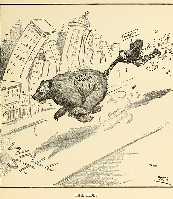 cartoon of a Bear Market running wild on Wall Street during the 1929 stock market crash