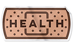  illustration of a sticker shaped like a band aid with the word health overlaid