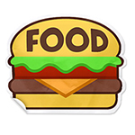 illustration of a sticker shaped like a hamburger with the word food in the top of the bun